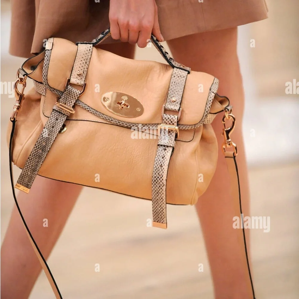 Mulberry Beige Leather Satchel with Snakeskin-Trim